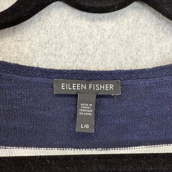 Eileen Fisher Womens Large Navy White Striped V-Neck Organic Linen Cotton Blouse - Picture 4 of 11